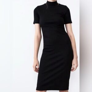 Zara Black Ribbed Midi Mock Turtleneck short sleeve dress